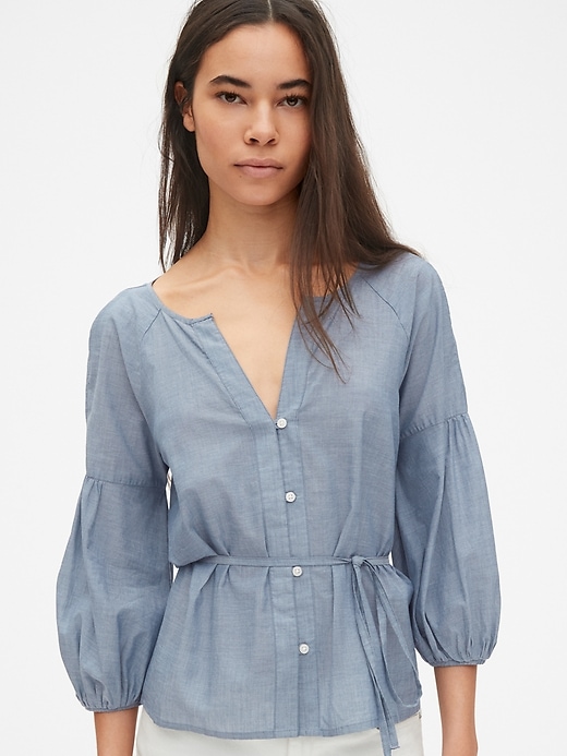 Image number 1 showing, Balloon Sleeve Button-Down Blouse in Chambray