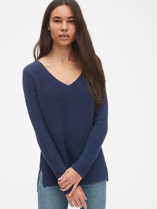 Image number 1 showing, Diagonal Ribbed V-Neck Pullover Sweater Tunic