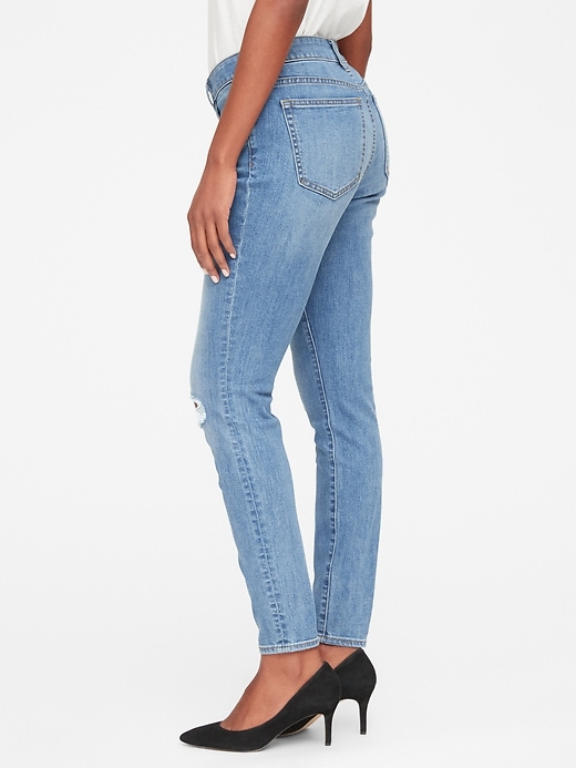 1 of 8 showing, with the color (Medium) Medium Destroy of product Mid Rise Curvy True Skinny Jeans with Distressed Detail