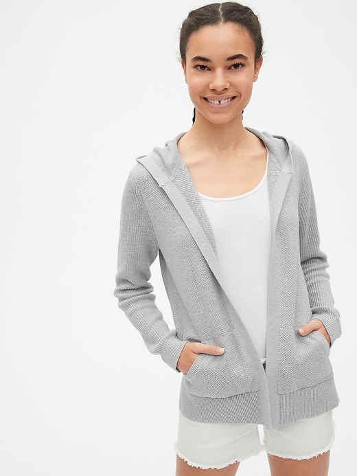 1 of 8 showing, with the color light grey heather of product Textured Open-Front Hooded Cardigan Sweater
