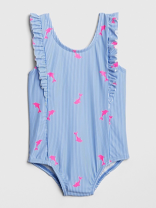 Image number 1 showing, Toddler Stripe Dolphin Ruffle One-Piece