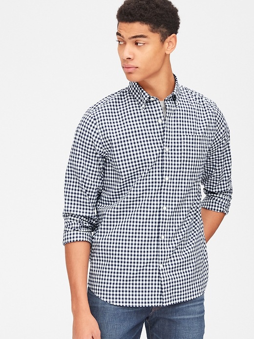 1 of 8 showing, with the color blue gingham of product Lived-In Stretch Poplin Shirt