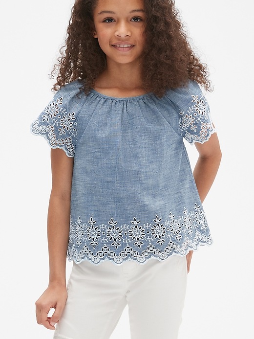2 of 8 showing, with the color blue chambray of product Kids Chambray Eyelet Top