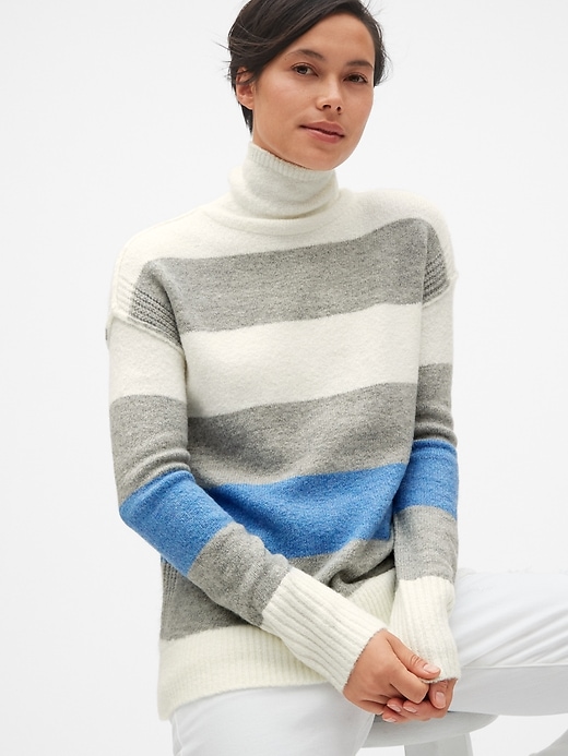 1 of 8 showing, with the color soft multi stripe of product Brushed Turtleneck Pullover Sweater