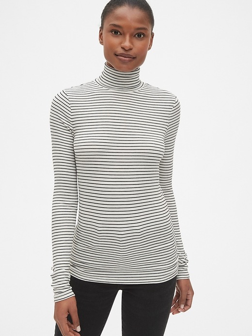 View large product image 1 of 1. Ribbed Long Sleeve Stripe Turtleneck Top in Modal