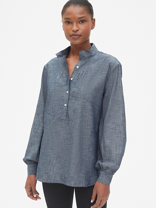 Image number 1 showing, Shirred Popover Shirt in Chambray