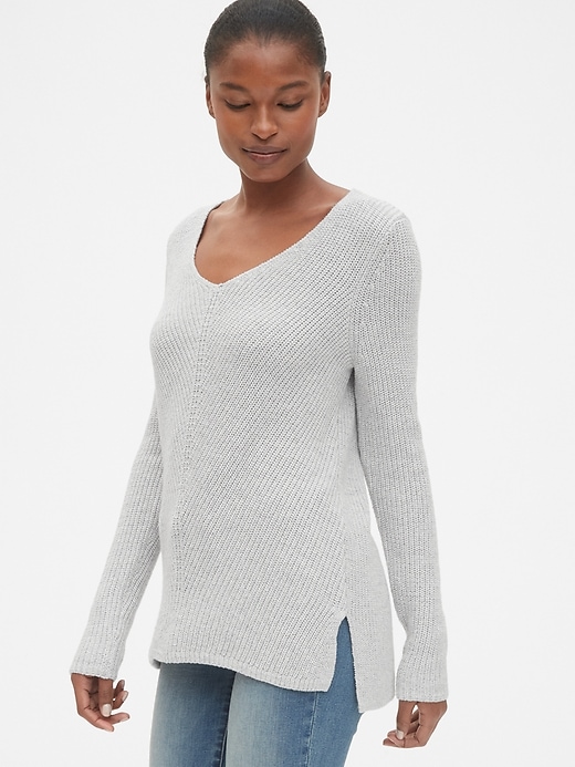 View large product image 1 of 1. Diagonal Ribbed V-Neck Pullover Sweater Tunic
