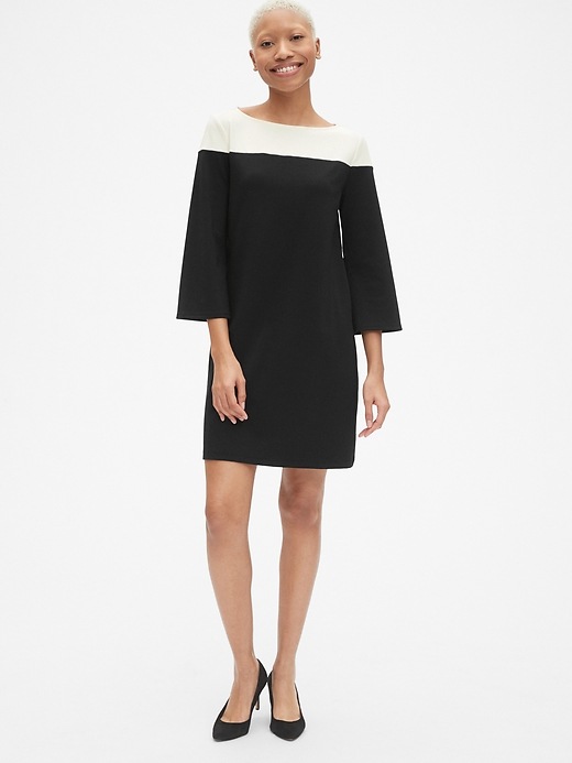 View large product image 1 of 1. Long Sleeve Colorblock Shift Dress in Ponte