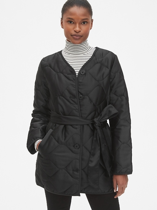 1 of 8 showing, with the color true black of product Quilted Tie-Belt Coat in Satin