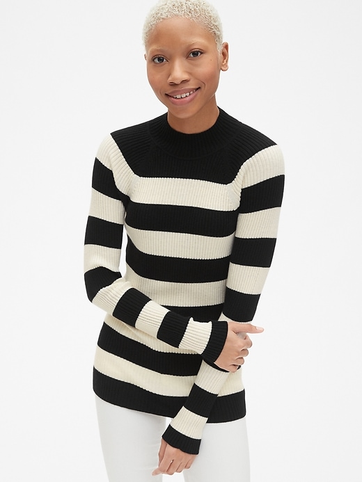 1 of 8 showing, with the color black & white stripe of product True Soft Ribbed Mockneck Pullover Sweater