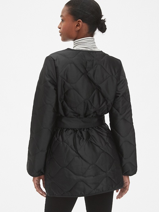 2 of 8 showing, with the color true black of product Quilted Tie-Belt Coat in Satin