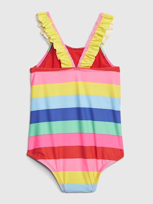 2 of 8 showing, with the color multi stripe of product Toddler Rainbow Stripe Ruffle Swim One-Piece