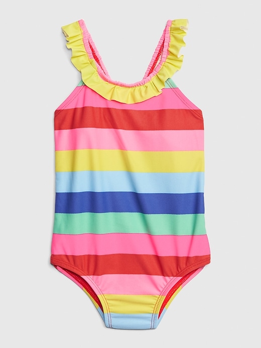 1 of 8 showing, with the color multi stripe of product Toddler Rainbow Stripe Ruffle Swim One-Piece