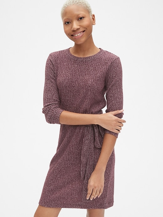 1 of 8 showing, with the color vamp red of product Softspun Ribbed Long Sleeve Tie-Waist Dress
