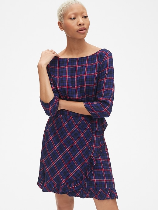 1 of 8 showing, with the color navy blue plaid of product Plaid Faux-Wrap Ruffle Hem Dress