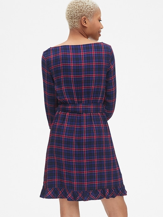 2 of 8 showing, with the color navy blue plaid of product Plaid Faux-Wrap Ruffle Hem Dress
