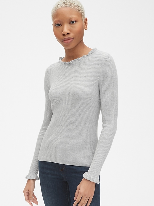 View large product image 1 of 1. Ribbed Ruffle-Trim Crewneck Pullover Sweater