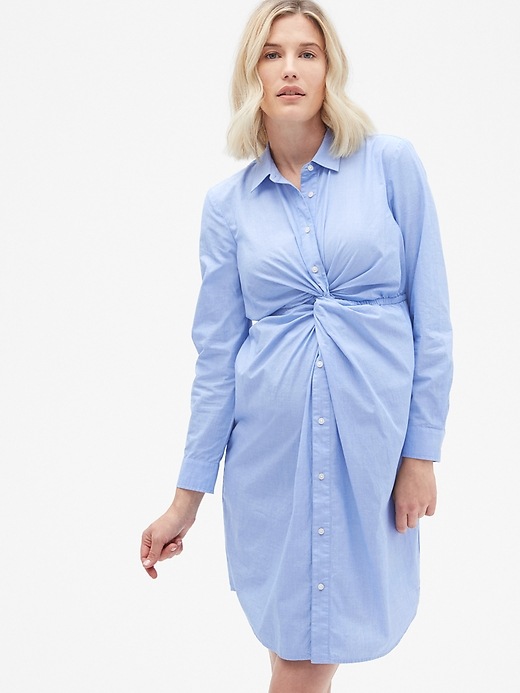 1 of 8 showing, with the color light blue of product Maternity Twist-Front Shirtdress in Poplin