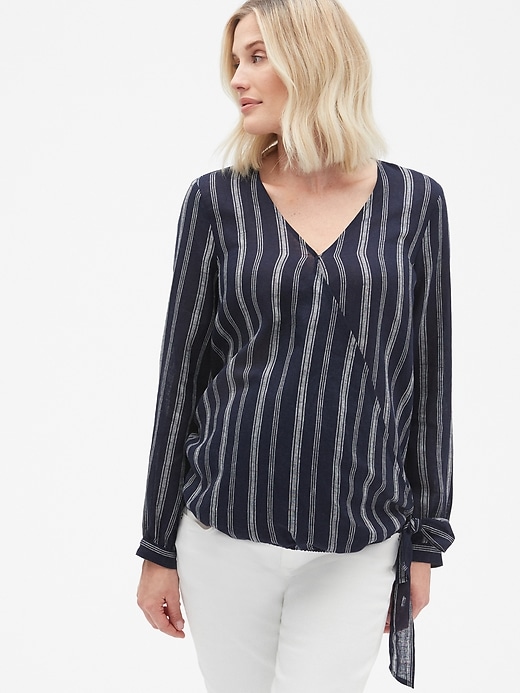 1 of 8 showing, with the color NAVY STRIPE of product Maternity Wrap Top in Linen