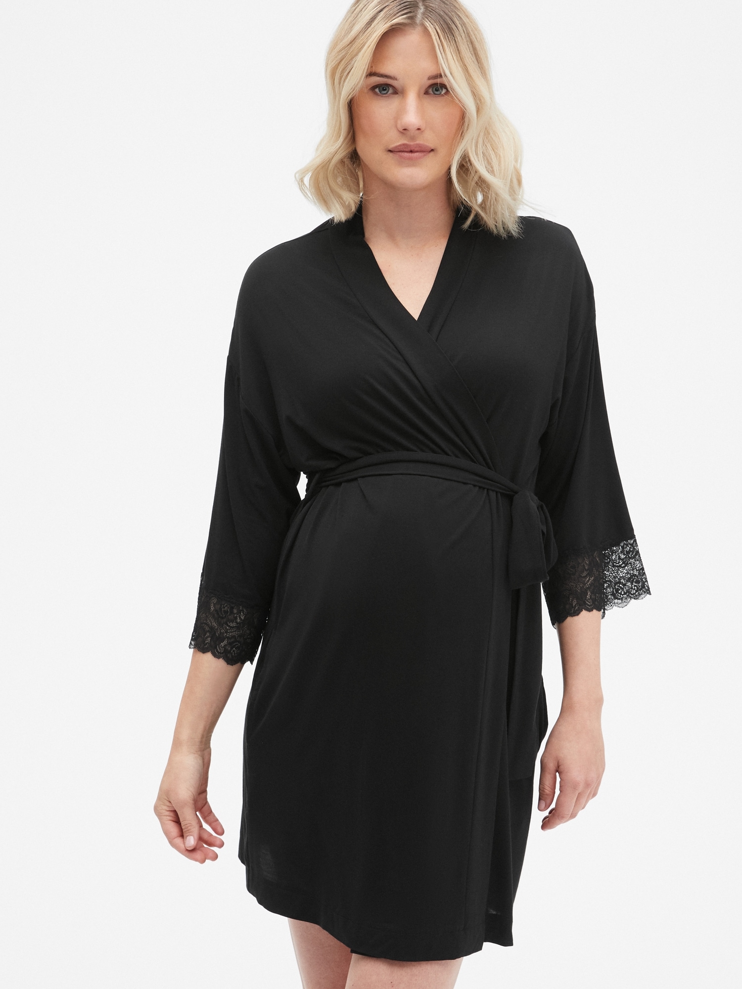 Gap Maternity Lace Trim Robe In Modal In Black