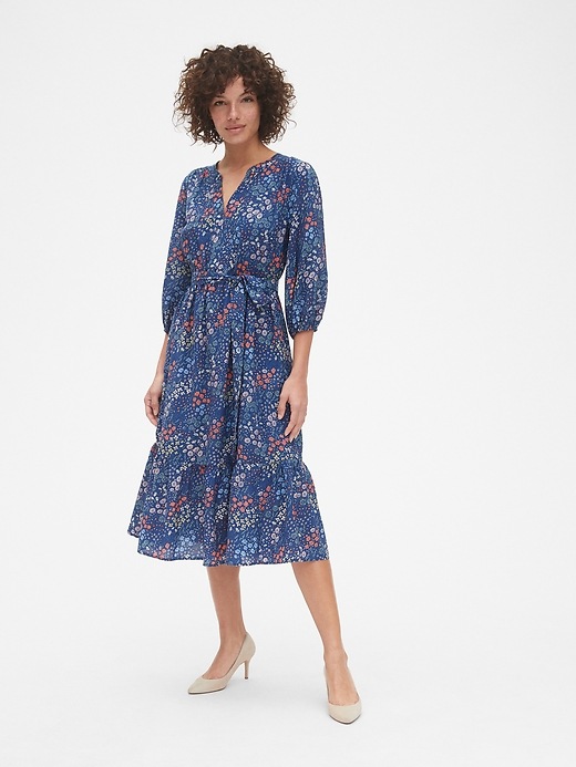 Image number 3 showing, Floral Print Three-Quarter Sleeve Tiered Midi Dress