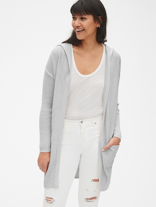 View large product image 1 of 1. Longline Hooded Open-Front Cardigan Sweater