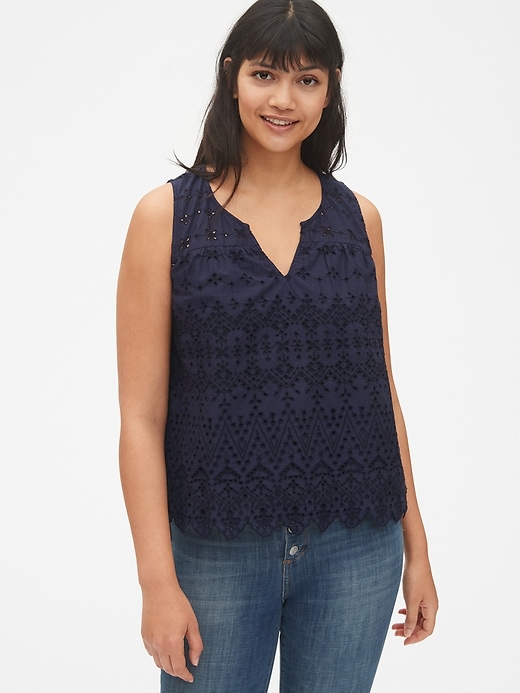 View large product image 1 of 1. Eyelet Embroidered Split-Neck Tank Top