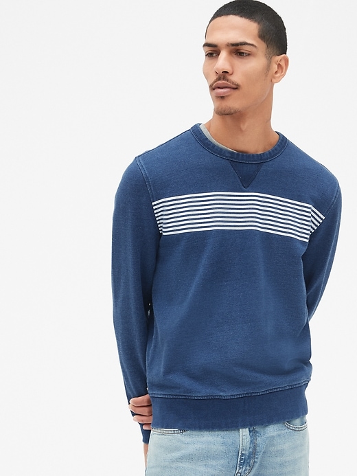 Image number 1 showing, Indigo Chest-Stripe Crewneck Pullover Sweatshirt in French Terry