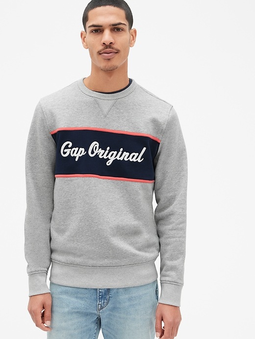 1 of 8 showing, with the color grey heather of product Gap Original Logo Chest-Stripe Sweatshirt