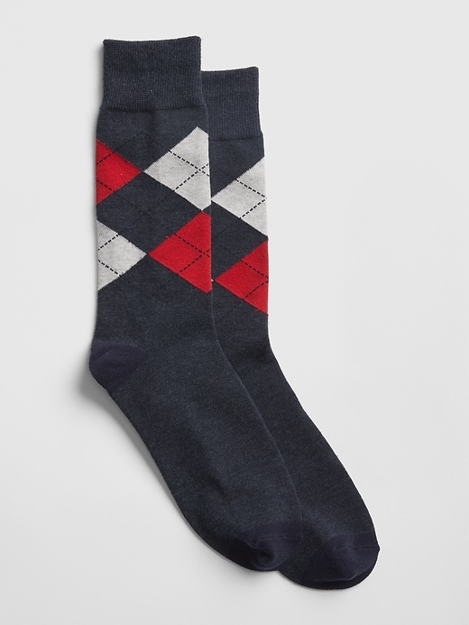 1 of 8 showing, with the color red argyle of product Argyle Crew Socks