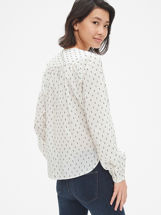 2 of 8 showing, with the color navy dot of product Long Sleeve Shirred Blouse in Clip-Dot