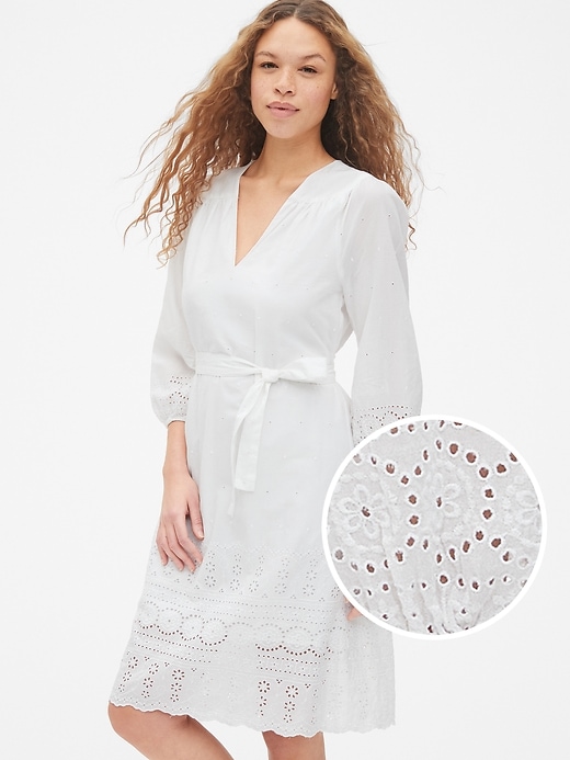 Image number 1 showing, Eyelet Embroidered Long Sleeve V-Neck Midi Dress