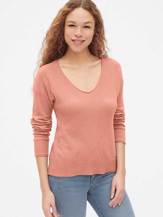 View large product image 1 of 1. Textured V-Neck Pullover Sweater