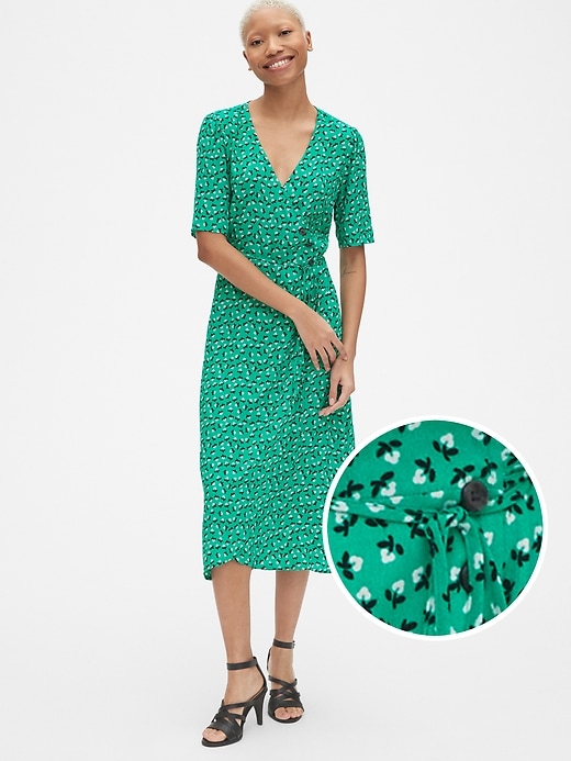 View large product image 1 of 1. Short Sleeve Side-Button Midi Wrap Dress