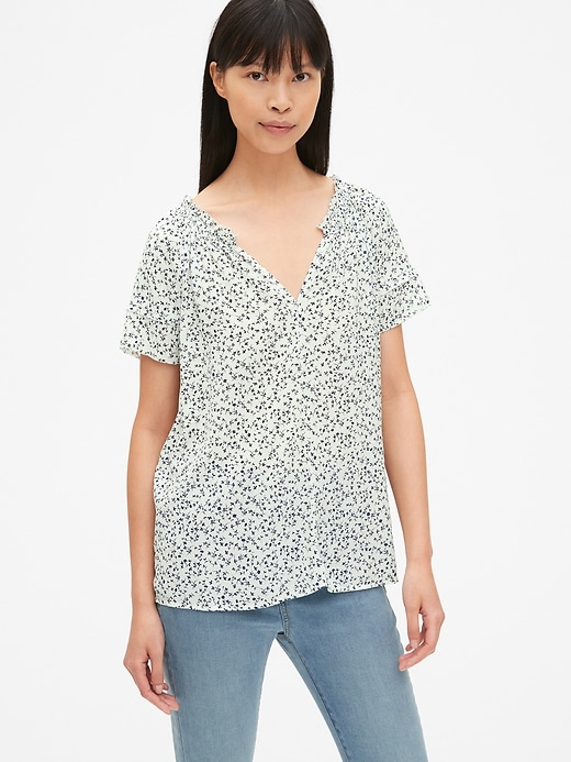 View large product image 1 of 1. Floral Print Flutter Sleeve Split-Neck Top