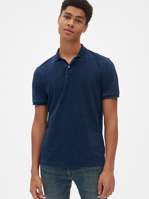 1 of 8 showing, with the color dark indigo of product All Day Indigo Pique Polo Shirt