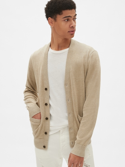 View large product image 1 of 1. V-Neck Cardigan Sweater in Linen-Cotton