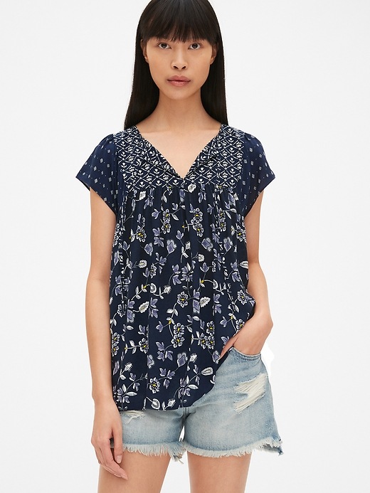 View large product image 1 of 1. Mix-Print Flutter Sleeve Smock Top