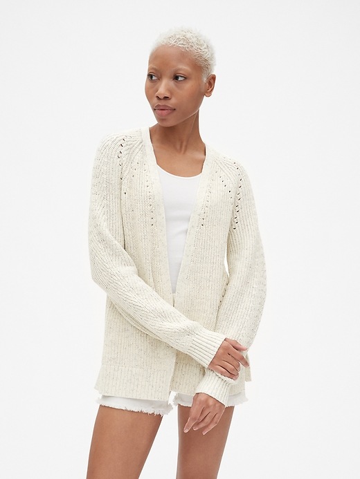 View large product image 1 of 1. Relaxed Pointelle Open-Front Cardigan Sweater