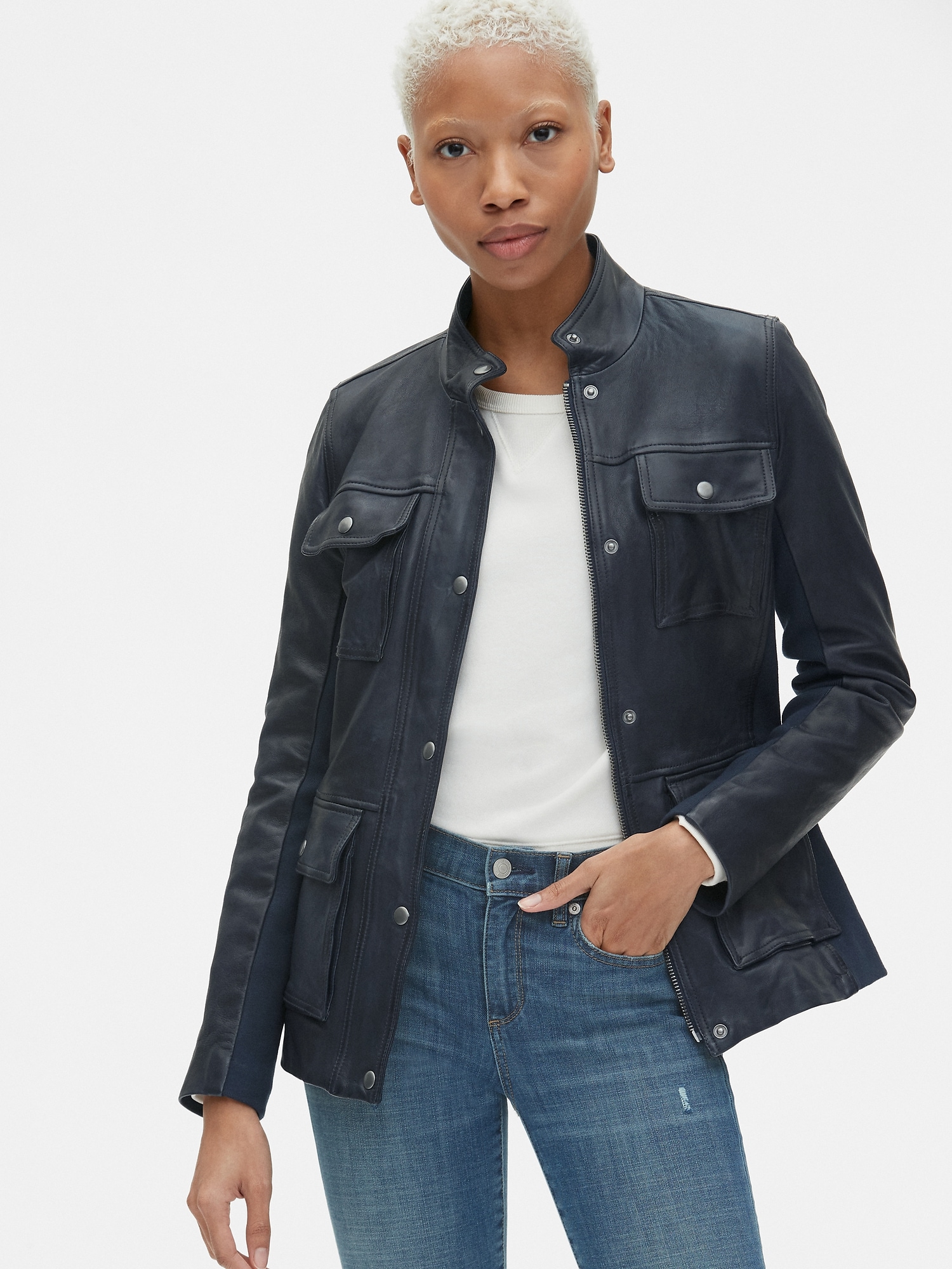 Utility Leather Jacket with Rib-Knit Trim