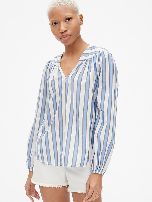 1 of 8 showing, with the color blue stripe of product Long Sleeve Stripe V-Neck Blouse