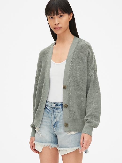 View large product image 1 of 1. Relaxed Button-Front Cardigan Sweater in Linen-Blend