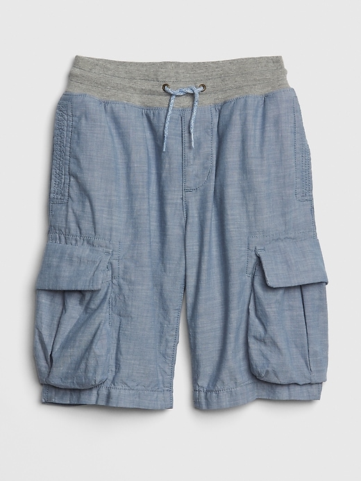 1 of 8 showing, with the color blue chambray of product Kids Pull-On Cargo Shorts In Poplin