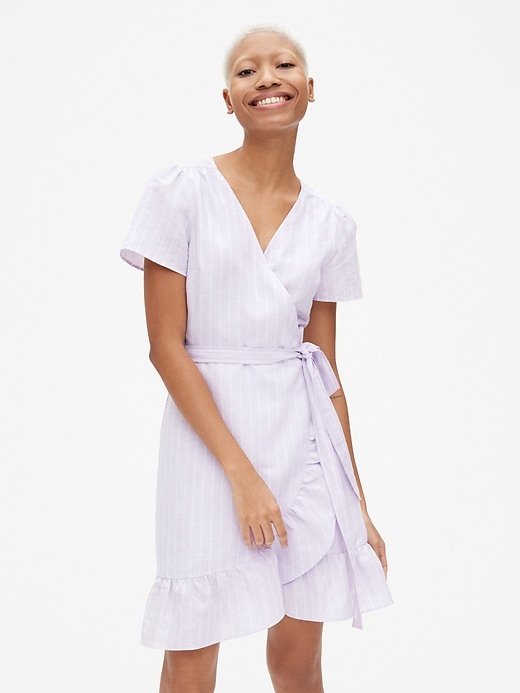 Image number 1 showing, Stripe Ruffle Wrap Dress in Linen-Cotton