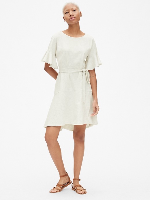 View large product image 1 of 1. Flutter Sleeve Tie-Belt Dress in Ponte