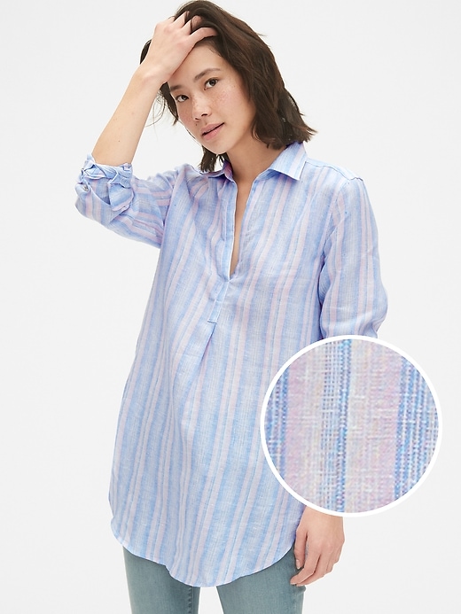 View large product image 1 of 1. Boyfriend Stripe Popover Tunic in Linen