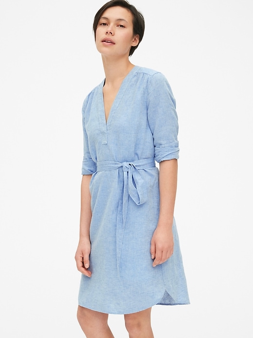 1 of 8 showing, with the color light blue of product Popover V-Neck Shirtdress in Linen