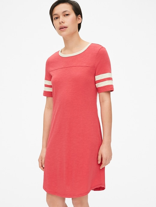 1 of 8 showing, with the color red peach of product Varsity Stripe Short Sleeve T-Shirt Dress