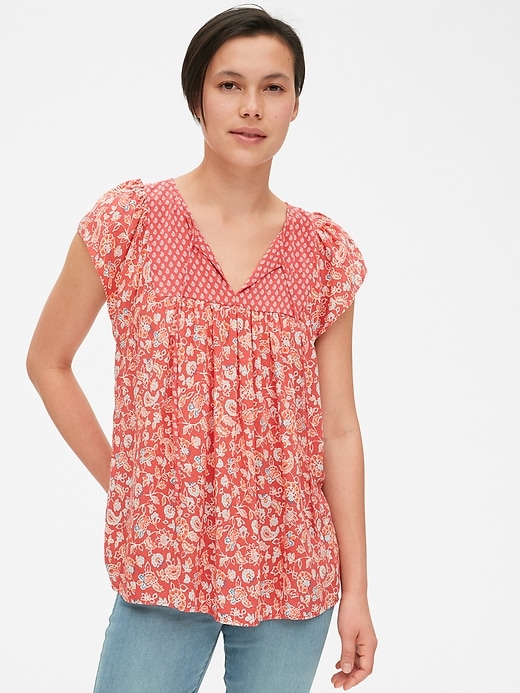 1 of 8 showing, with the color red floral of product Mix-Print Flutter Sleeve Smock Top