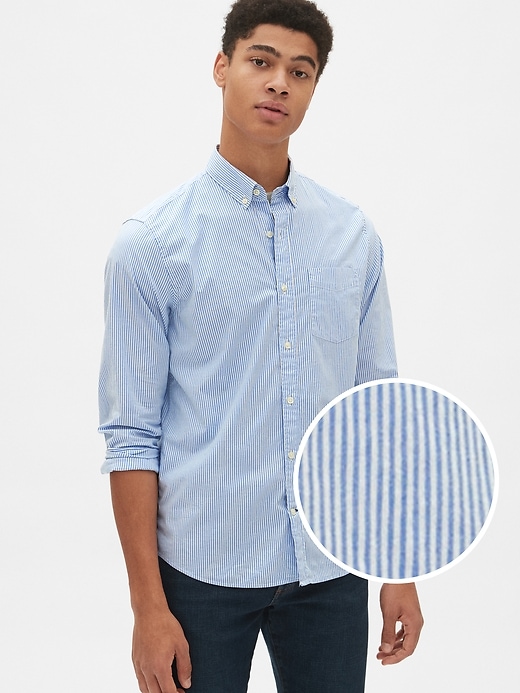1 of 8 showing, with the color blue stripe of product Lived-In Stretch Poplin Shirt